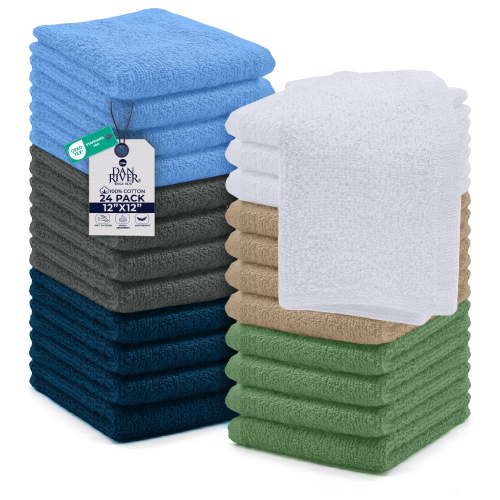 Dan River Washcloths pack of 24 Soft Absorbent Cotton and Multipurpose Wash Clothes for Face & Body with Assorted Colors - 12x12in