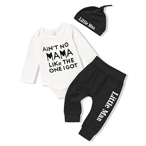 TUEMOS Newborn Infant Baby Boy Clothes Letter Print Romper Pants Set Hat 3PC Outfits Set