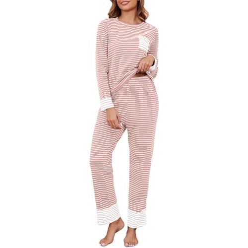 Womens Cotton Pajama Sets Stripe Long Sleeve 2 Piece Lounge Set Soft Pj Set Winter Loungewear Sleepwear with Pockets