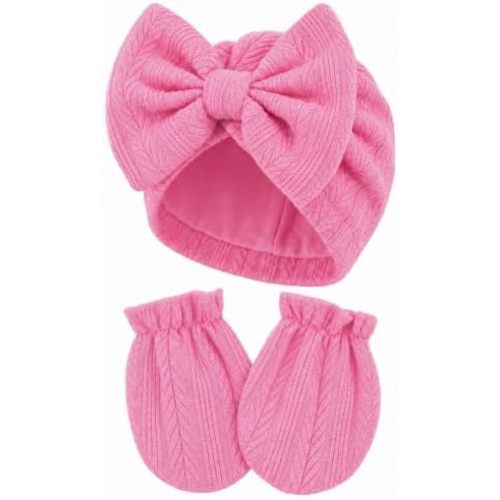 Newborn Baby Girl Hat Mittens Preemie Soft Hospital Bow Hats Beanie No Scratch Gloves for Infant New Born Girls 0-3 Months