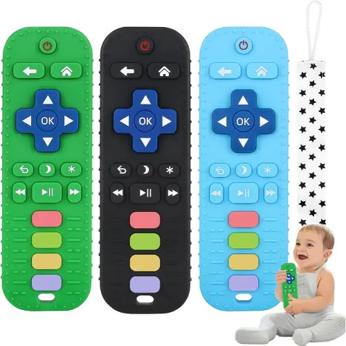Fu Store 3 Pack Baby Teether Toy Chew Toy for Babies 0-12 Months 6-36 Months TV Remote Control Shape Teething Relief Baby Toys for Infants Developmental Soothe Babies Gums Gifts Set, Black Blue Green