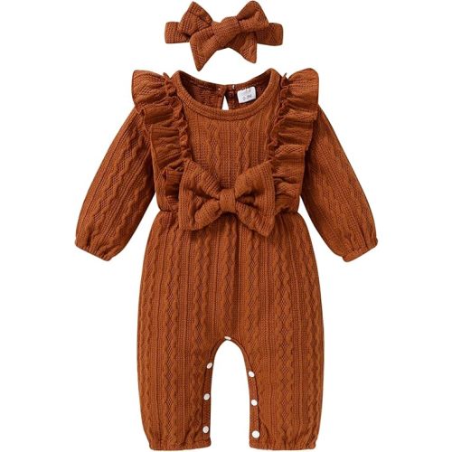 Happy Town Baby Girl Romper Infant Fall Winter Clothes Ruffle Sweater Long Sleeve Bodysuit Jumpsuit and Headband