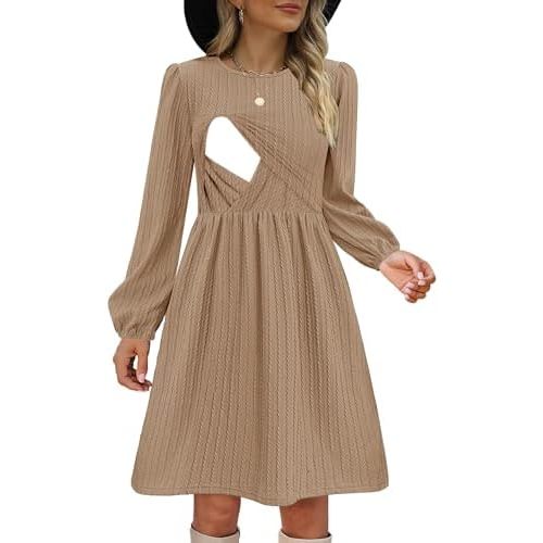 Women Nursing Dress Long Sleeve Round Neck Maternity Flowy Knee Length Babydoll