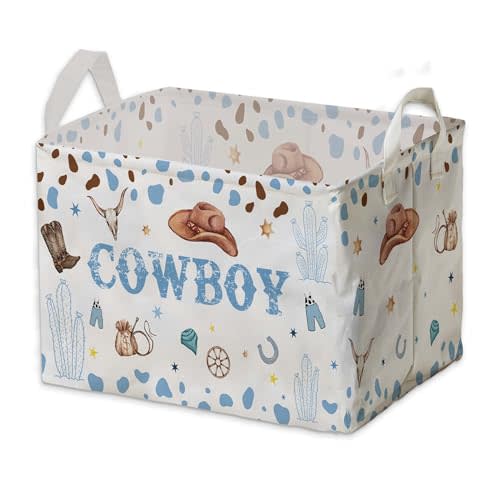 Western Basket for Cowboy Nursery Decor Boy, Blue White Brown Western Toy Bin, Cowboy Baby Shower Decorations, Large Squarecanvas Laundry Hamper With A Waterproof PECoating, Foldable