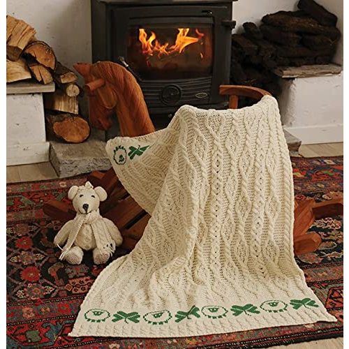 SAOL 100% Merino Wool - Baby Blanket Kid's Bedding Throw with Sheep and Shamrock Design