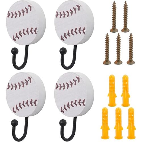 4 Pcs Vintage Baseball Wall Hooks, Wooden Sports Theme Coat Hooks for Home Decor, Towel Hanger for Entryway, Playroom, and Bathroom Organization