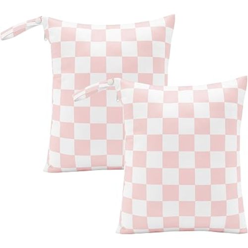 Pink Checkered Waterproof Wet Dy Diaper Bag for Baby Essentials, Travel, Swimsuit, Beach Bag Accessories, Aesthetic Trendy Cute Toddler Baby Cloth Bag Pouch, Pack of 2