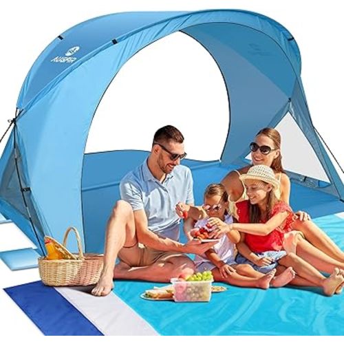 Beach Tent Sun Shelter, Beach Tent with Beach Mat Set, 4 Person Portable Beach Shade Canopy with UPF 50＋ UV Protection, Dual-Door Ventilation Design, Easy Setup Family Beach Umbrella (Blue)