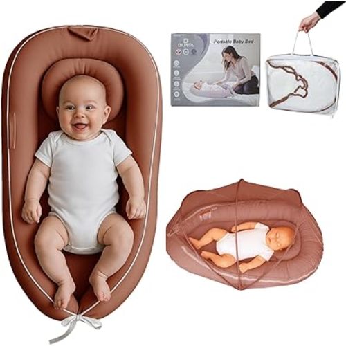 Baby Lounger for 0-24 Months - Baby Nest Cover - Breathable & Soft Cotton & Reversible - Infant Support Pad for Tummy Time and Diaper Changes, Mosquito Net, Newborn Babies Essentials Gifts, Brown