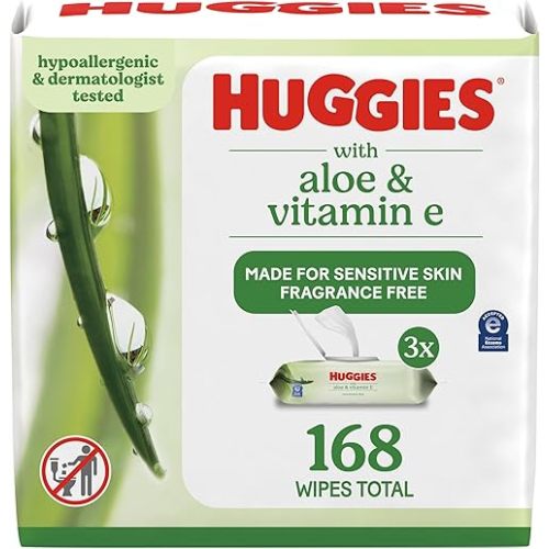 Baby Wipes, Huggies Aloe & Vitamin E, UNSCENTED, 3 Flip-Top Packs, 168 Count