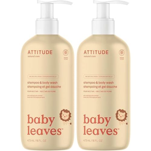 ATTITUDE 2-in-1 Shampoo and Body Wash for Baby, EWG Verified, Dermatologically Tested, Vegan, Pear Nectar, 16 Fl Oz, (Pack of 2)