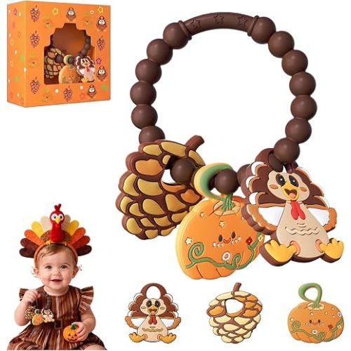 Thanksgiving Baby Teething Toys with Textured Turkey, Pumpkin & Pinecone