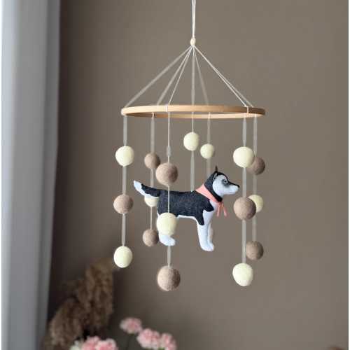 Dog mobile for nursery, husky pets baby mobile, gender neutral mobile, Puppy cot mobile felt, Felt ball mobile crib