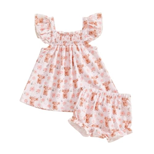 Western Baby Girl Summer Clothes Boho Highland Cow Smocked Dress Shirt Ruffle Bloomer Shorts Cute Cowgirl Outfit