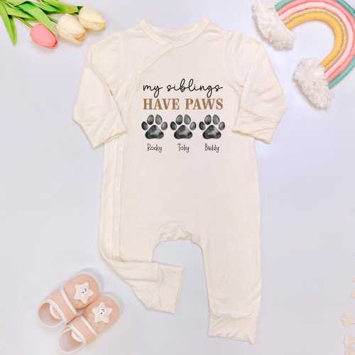 My Siblings Have Paws Bamboo Bodysuit, Custom Dog Name Baby Gift, Newborn Clothes