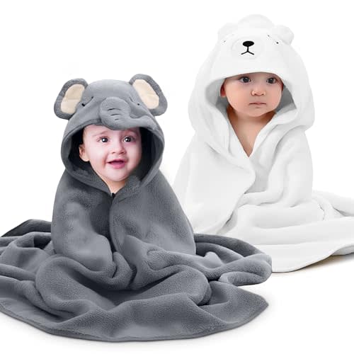Pack of 2 Hooded Baby Towels for Newborn- 31.5" x 31.5" Coral Fleece Fabric, Absorbent and Washable Hooded Towels for Infants and Toddlers - Toallas para Bebe - (Elephant & Bear Style)