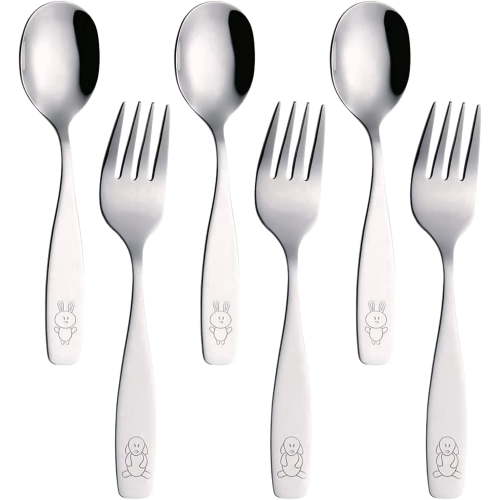 Exzact Children's Stainless Steel Cutlery 6pc - Dog and Bunny Engraved