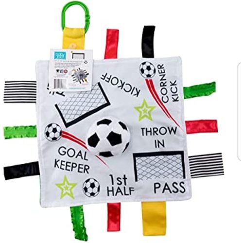 Baby Jack & Co 10x10” Soccer Sports Lovey Sensory Plush Blanket - Tag Toy for Babies - Baby Stroller Toys - Learn Shapes, Letters & Colors - MVP Baby Ball Toy & Baby Sports Gift w/Stroller Clip