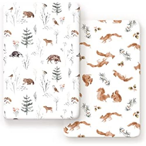 GRSSDER Stretchy Ultra Soft Jersey Knit Pack and Play Sheets 2 Pack, Portable/Mini Crib Sheets Universal Fitted for Playpen Mattress Safe and Snug, Stylish Cute Animal Print Baby Sheets