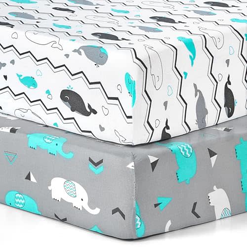 Pack n Play Sheets, BROLEX 2 Pack Mini Crib Sheets,Stretchy Portable Fitted Playard Sheet Set, Convertible Playard Mattress Cover,Ultra Soft Breathable Material,Elephant Whale