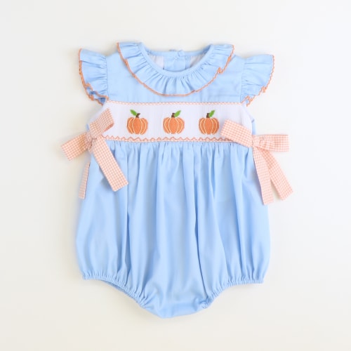 Smocked Pumpkins Ruffle Neck Girl Bubble - Light Blue