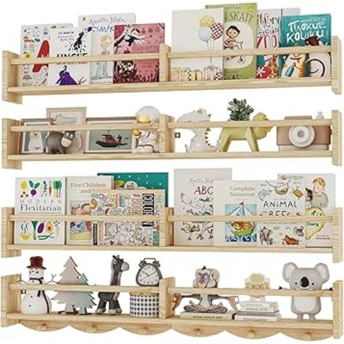 34Inch Nursery Bookshelves,Set of 4,Wall Floating Shelf Kids Coat Rack with 6Hooks,Hanging Book Shelf for Baby Nursery Room Décor， Patent Number: 29958098(Burlywood, 34)