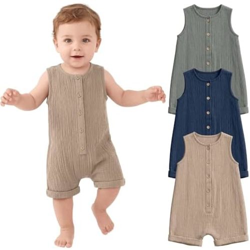 Halfchet 3 Pack Baby Boys Jumpsuit Cotton Newborn Romper Sleeveless Button Infant Playsuit Summer Outfit Clothes 0-24M