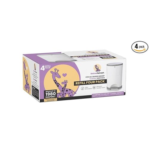 Refills Compatible with DEKOR CLASSIC Diaper Pail Refills | 4 Pack | Diaper Pail Odor Eliminator| Fresh Powder Scent | Each Diaper Bag Refill Holds up to 1980 Diapers | Diaper bin refill