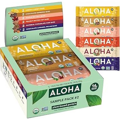 ALOHA Organic Plant Based Protein Bars - Sampler Pack #2-12 Bars, Vegan, Low Sugar, Gluten-Free, Paleo, Low Carb, Non-GMO, No Stevia, No Erythritol