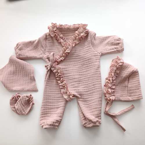 Dusty Rose Ruffle Muslin Baby Girl Set – Newborn Romper, Bonnet, Mittens, Booties