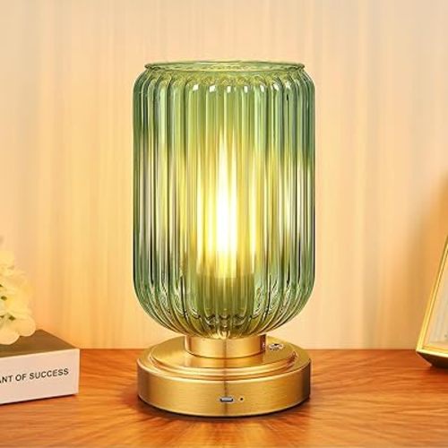Cordless Table Lamp for Bedroom, 7500mAh Rechargeable Battery Operated Lamp, Modern Touch Dimmable Wireless Lamp Gold Base Green Glass Shade for Living Room, Desk, Led Bulb Included