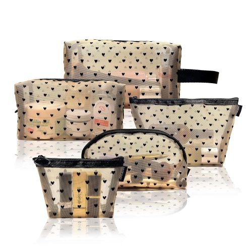 5 Pieces Mesh Heart Makeup Bags Sets, Zipper Mesh Cosmetic Bag Toiletry Bag, Travel Makeup Bags for Women, Small Items Storage Organizer Bags for Home Office Travel (Beige)