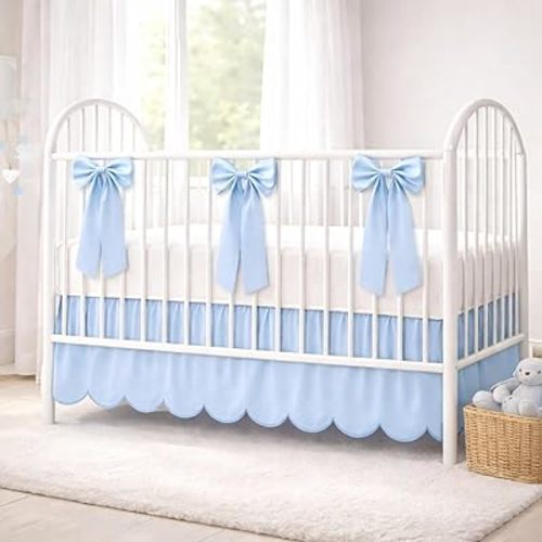 Blue Scalloped Crib Bed Skirt with 6 Large Bow, 28" x 52" with 14" Drop, 4 Sided Soft Crib Skirt Dust Ruffle for Baby Boys & Girls, Elegant Farmhouse Boho Chic Nursery Decor