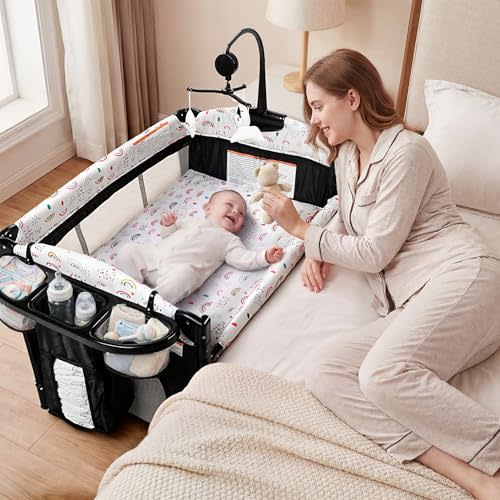 Kinder King 4 in 1 Portable Baby Playard, Baby Bedside Crib, Multicolour | Foldable Pack and Play w/Bassinet, Newborn Changing Table, Toddler Large Playpen, Storage Basket, Travel Bag, 0-36 Months