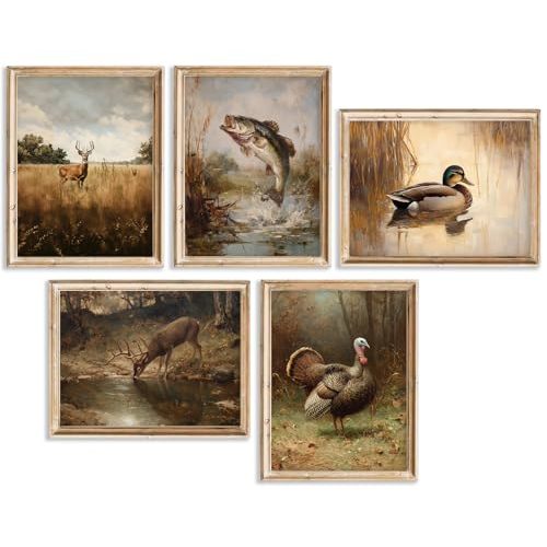 Vintage Hunting Nursery Wall Art Baby Boy Room Canvas Wall Decor Farmhouse Woodland Animal Prints Poster Mallard Duck Deer Turkey Fish Pictures Artwork Painting for Kids Bedroom 8x10x5 Inch Unframed