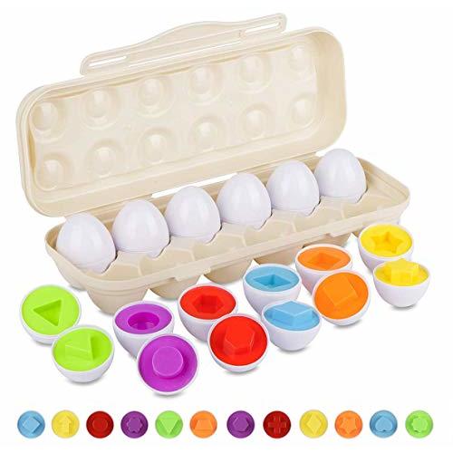 Hhyn Matching Eggs Set with Beige Eggs Holder, 12 Eggs | Egg Toys, Learning Shapes and Colors, Educational Puzzle Sorting Games, Improve Motor Skills for Kids Easter Gift
