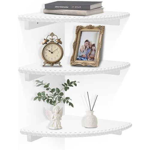 Lamapggio Corner Floating Shelves with Double Support Brackets, 3 Pack Wood Wall Mount Round Display Shelf for Bedroom, Living Room, Bathroom