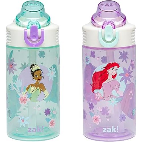 Zak Designs Disney Princess Sage Kids Water Bottle For School or Travel, 16oz Durable Plastic With Straw and Leak-Proof Spout Cover, 2-Pack (Ariel, Cinderella, Jasmine, Moana, Rapunzel, Tiana)