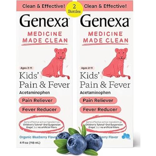 Genexa Kids’ Pain and Fever Reducer | Childrens Acetaminophen, Dye Free, Liquid Oral Suspension Medicine for Kids 2-11 | Delicious Organic Blueberry Flavor | 160 mg per 5mL | 8 Fluid Ounces (2 Pack)