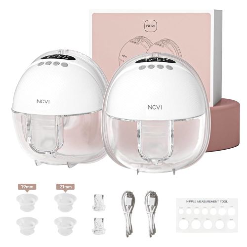 NCVI Wearable Breast Pump Hands Free, Portable Electric Breastfeeding Pump with 1500mAh Battery, Quiet Operation, Smart LED Display, 4 Modes & 9 Levels, 19/21/24mm Flanges, 2 Pack, White