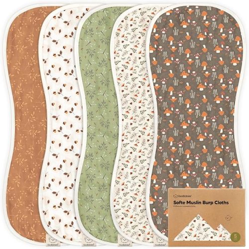 5-Pack Muslin Burp Cloths Baby Boy, Girl - Very Absorbent Baby Burp Cloth Rags, 8-Layers Viscose Derived from Bamboo Cotton Muslin Towel, Super Soft Spit Up Rags, No Shrink Washcloths (Fall Spores)