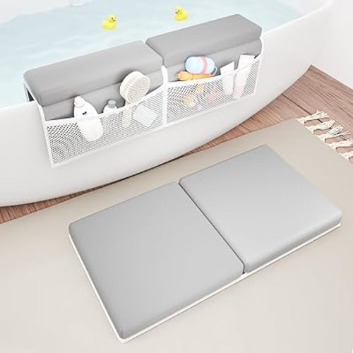 Bath Kneeler and Elbow Rest Pad Set, Comfortable Baby Bath Kneeling Pad for Tub with Toy Organizer Pockets, Non-Slip Knee Pad for Bathing Baby, Quick Dry Bathtub Mat for Toddler & Infant - Grey