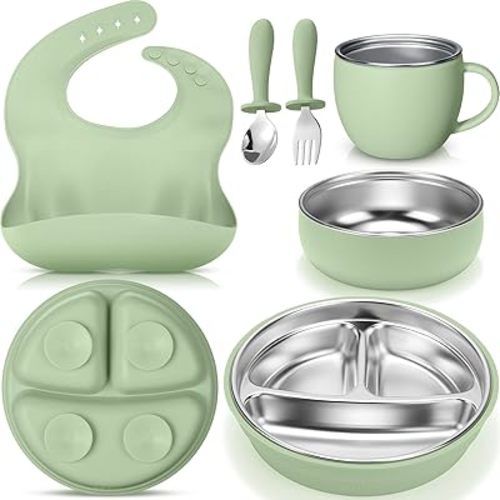 Nuogo 6 Pcs 304 Stainless Steel Kids Plates and Bowls Set Stainless Steel Suction Bowls and Toddler Cup with Removable Silicone, Forks Spoons Pocket Bib for Baby Toddle(Green,Round)
