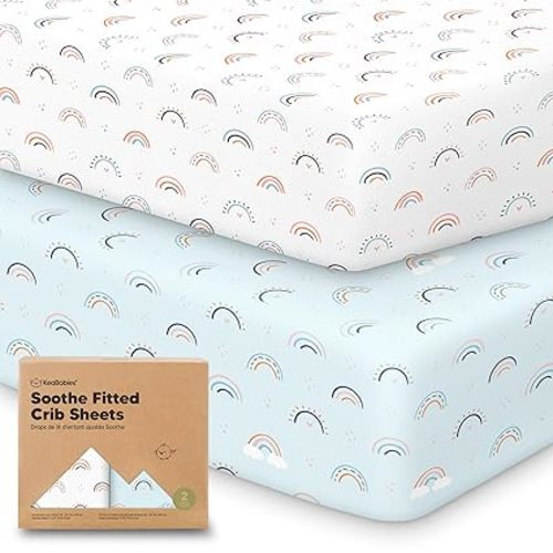 2-Pack Organic Cotton Crib Sheets for Boys, Girls - 52x28 Fitted Crib Mattress Sheet Neutral, Breathable Cover for Baby Bed Set, Toddler Mattress, Soft & Cute Prints (Jolly Rainbow)