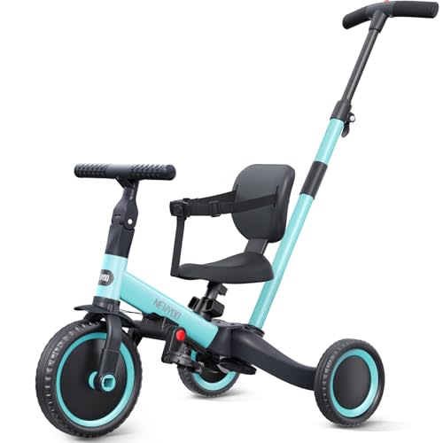 newyoo Tricycles for 1-3 Year Olds, Toddler Bike, Birthday Gift and Toy for Boys and Girls, Toddler Tricycle with Parent Push Handle, Trike with Backrest and Safety Belt, Blue, TR007