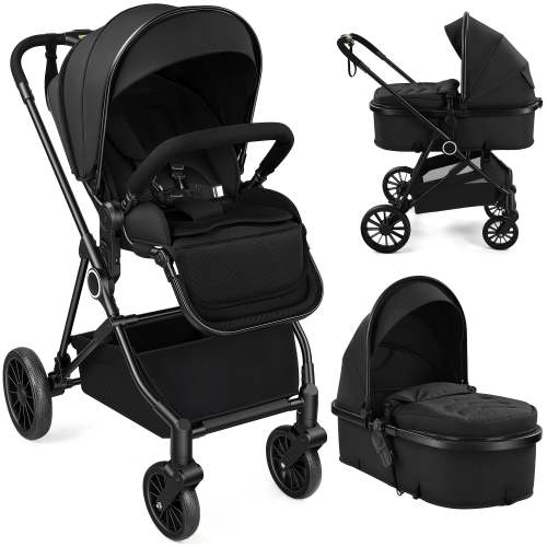 Vomeast 2 in 1 Baby Strollers, Foldable Travel Stroller with Reversible Seat, All-Wheel Suspension, 5-Point Harness, Black