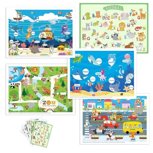 Disposable Placemats for Baby Toddlers, Plastic Sticky Table Mats Babies for Restaurants, Parties, Preschool& Dining Table– 5 Fun Designs Alphabet, Sea, Deep-Sea, Road, Zoo Animal,40 Pack 12x16 Inches