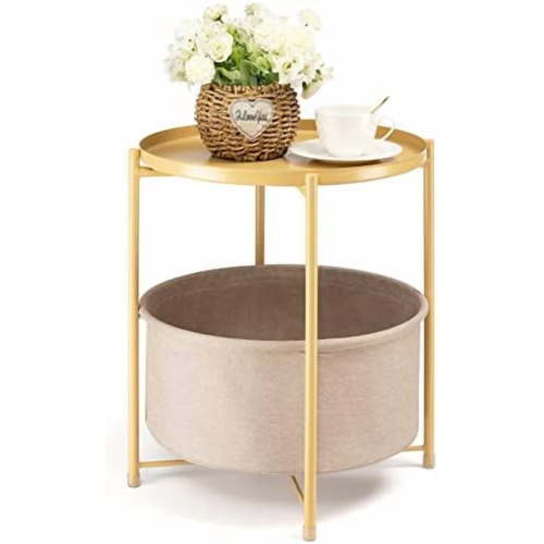 Round Side Table with Fabric Storage Basket, Metal Side Table Small Bedside Nightstand with Removable Tray Top for Living Room, Bedroom, Nursery, Laundry, Pale Yellow