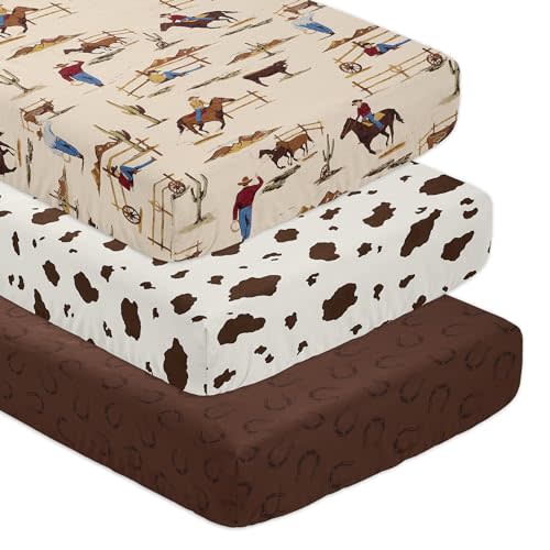 Sweet Jojo Designs 3-Piece Baby Crib Sheets Set (Western Cowboy) for Boys, Infant Nursery, Toddler Room - Fitted, Standard Size (Horseshoe, Cow Print, Farm, Horse, Wild West, Country, Southern, Brown)