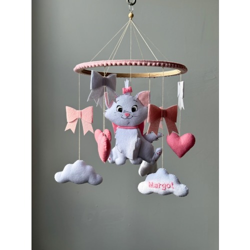 Personalized Baby Crib Mobile, Handmade Aristocat Hanging Mobile, Pink Bow Details Nursery Decor, Custom Baby Shower Gift